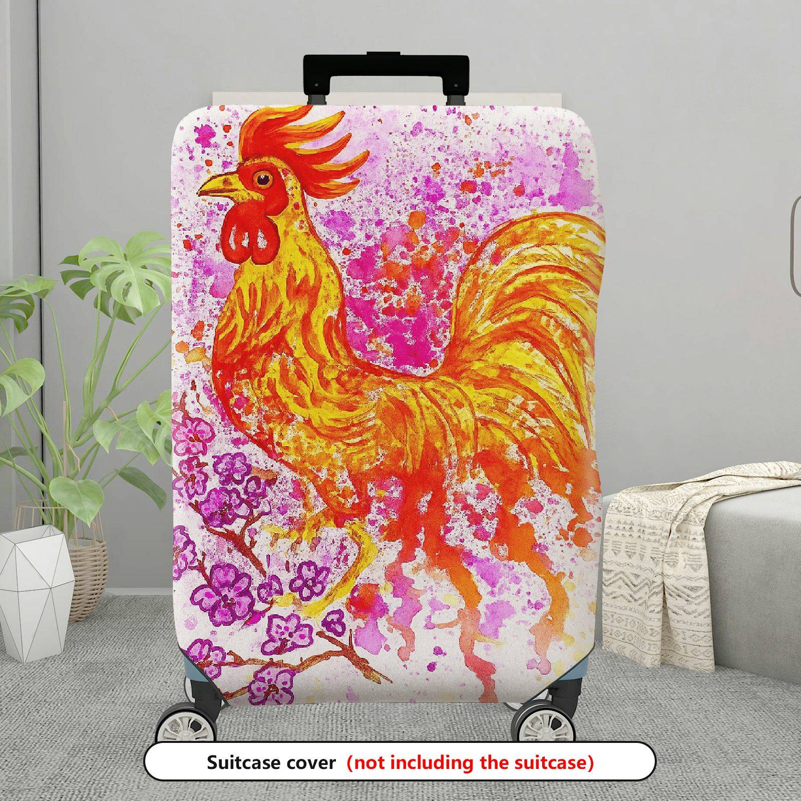 1-Piece Abstract Rooster Floral Art Colorful Travelling Painting  Suitcase Luggage Cover, Stretch Protective Sleeve