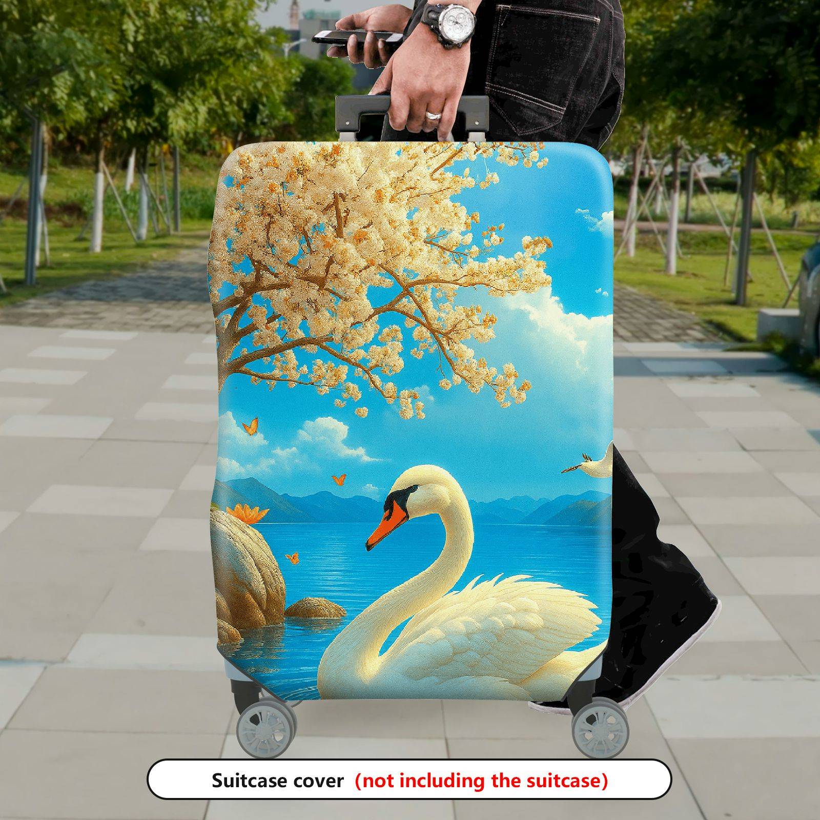 1-Piece Swan Scenic Floral Nature Blue Artistic  Suitcase Luggage Cover, Stretch Protective Sleeve