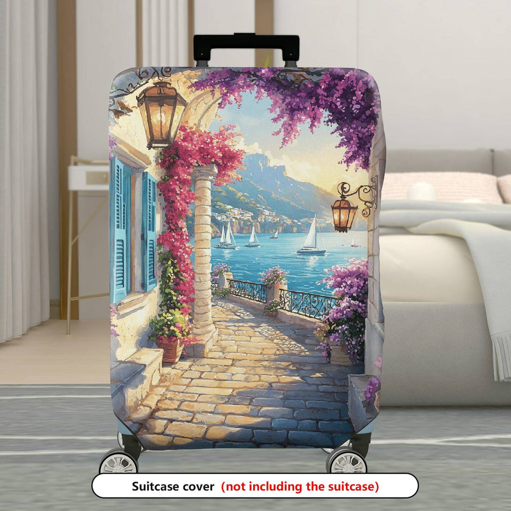 1-Piece Mediterranean Coastal Floral Landscape Sailboats Lantern  Suitcase Luggage Cover, Stretch Protective Sleeve