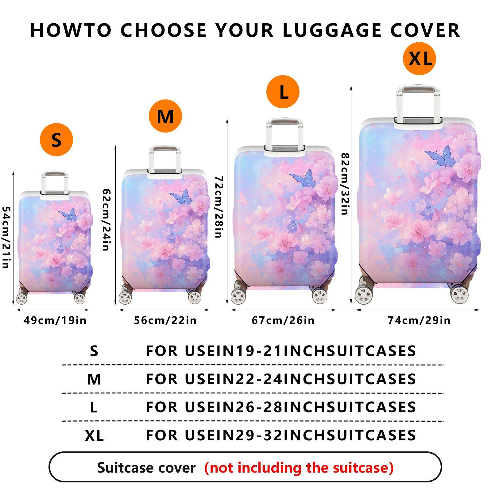 1-Piece Pink Purple Floral Butterfly Artistic Blooming  Suitcase Luggage Cover, Stretch Protective Sleeve
