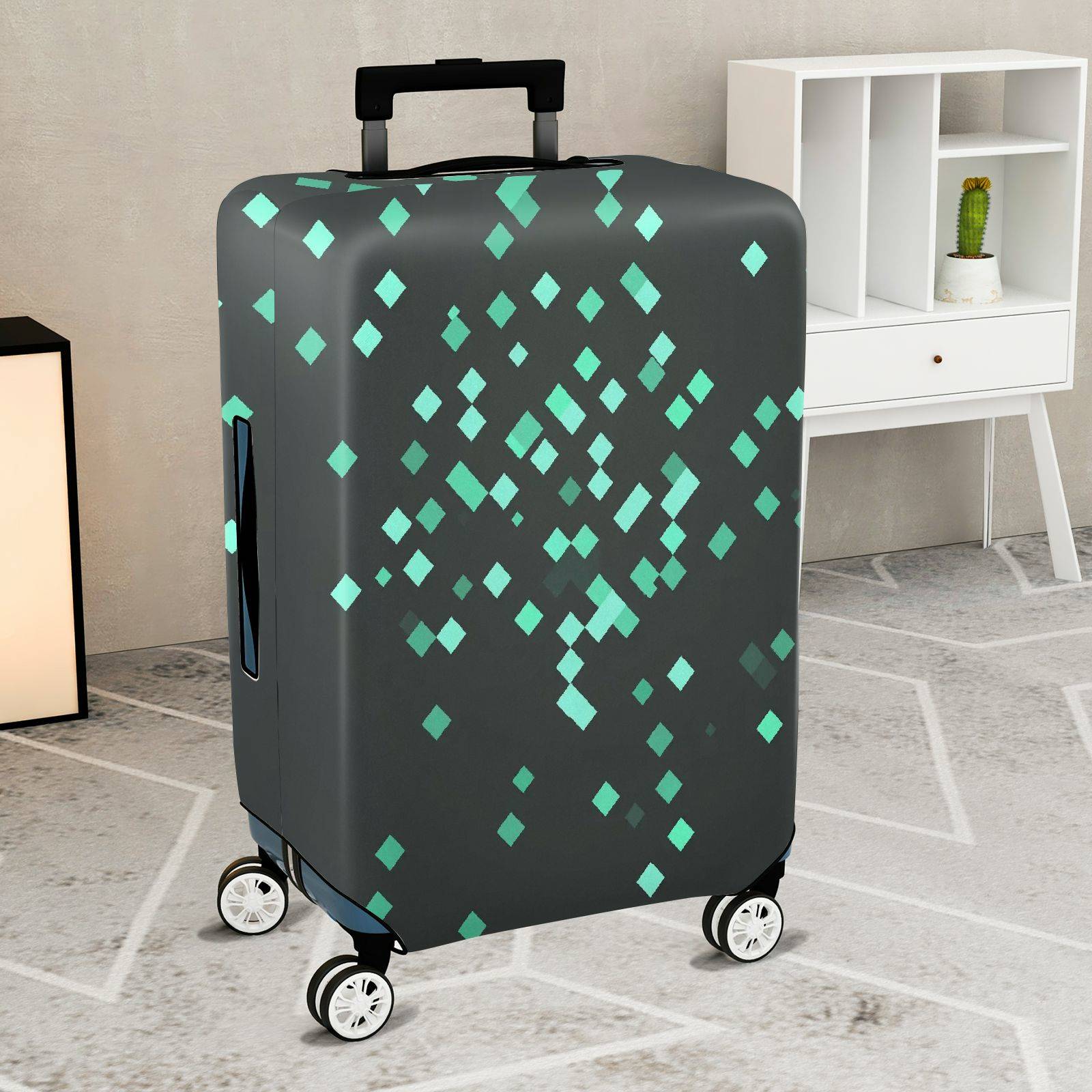 1-Piece Green Geometric Pattern Modern Stylish Chic Travel  Suitcase Luggage Cover, Stretch Protective Sleeve