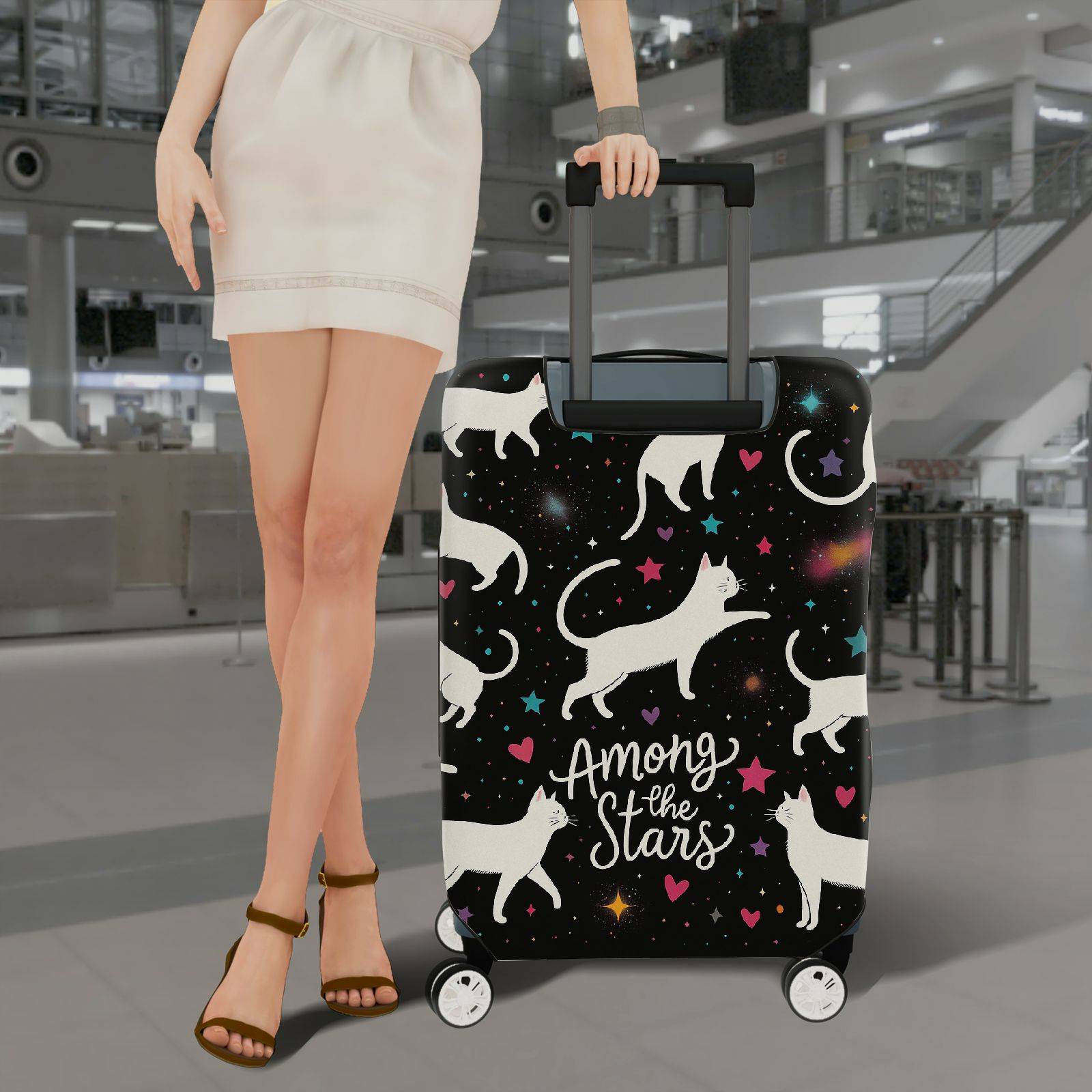1-Piece Starry Cat Hearts Cosmic Whimsical  Suitcase Luggage Cover, Stretch Protective Sleeve