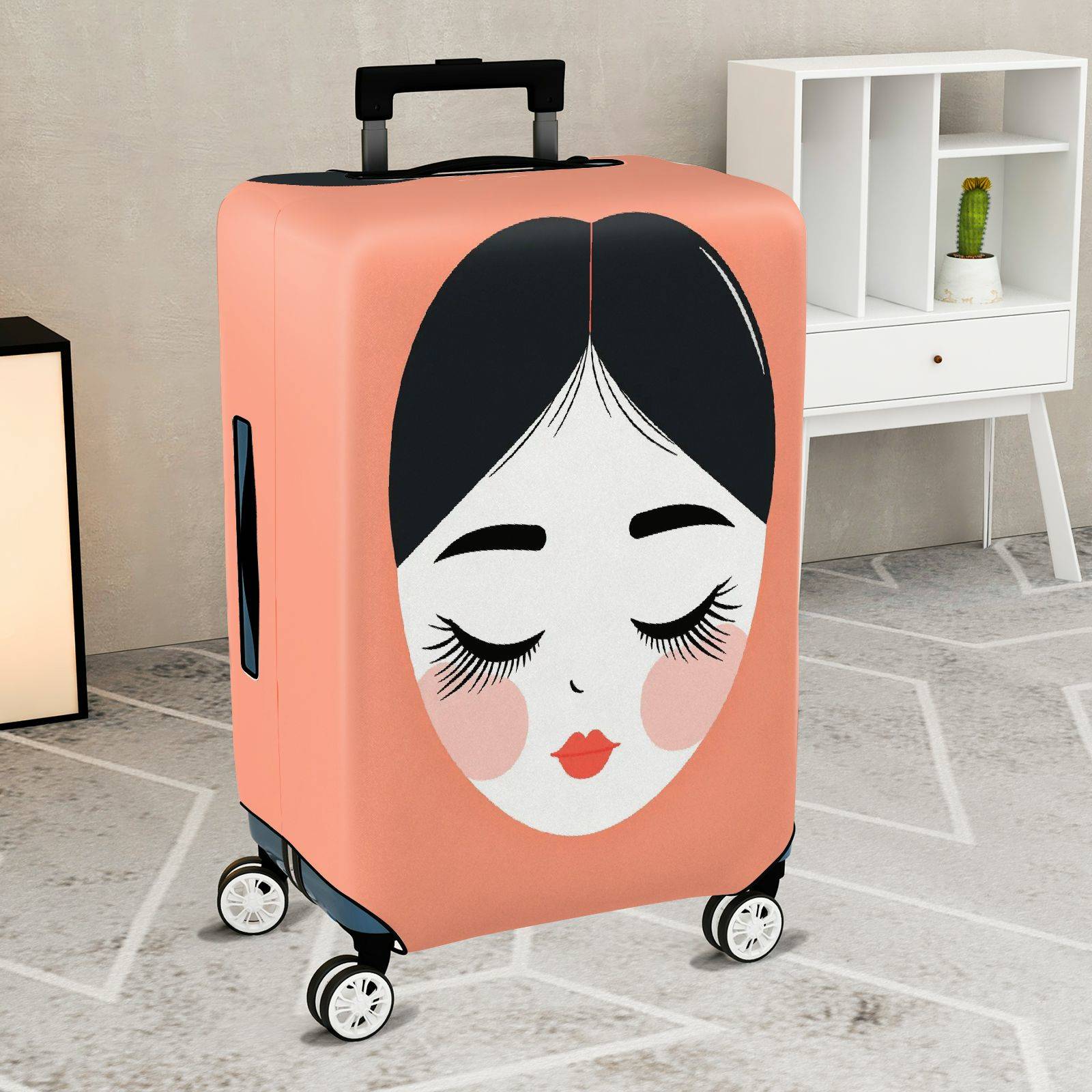 1-Piece Artistic Feminine Face Illustration Coral Black White  Suitcase Luggage Cover, Stretch Protective Sleeve