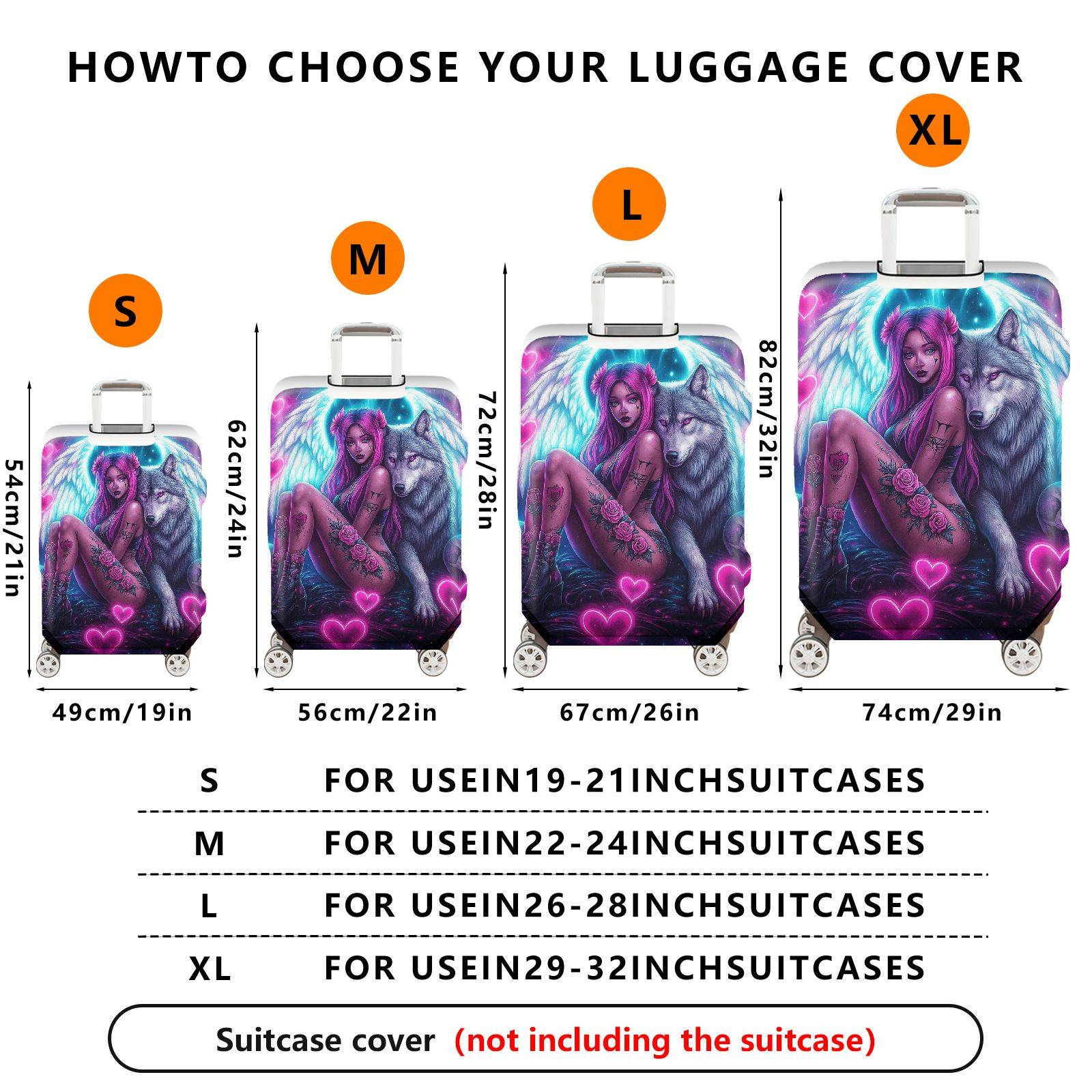 1-Piece Angel Fantasy Wolf Skull Rose Heart  Suitcase Luggage Cover, Stretch Protective Sleeve