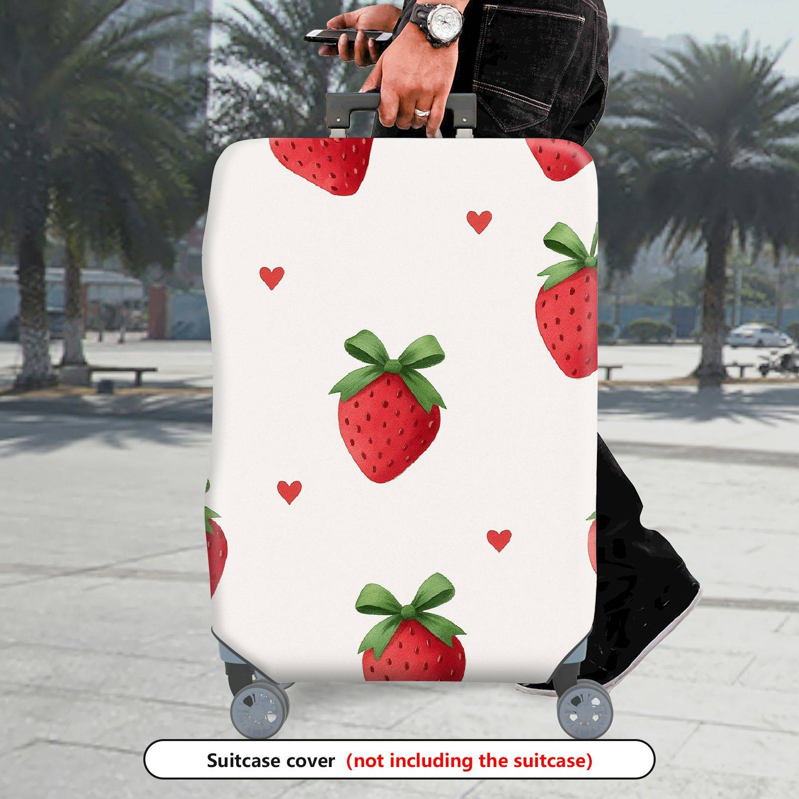 1-Piece Strawberry Heart Love White Red Green Pattern  Suitcase Luggage Cover, Stretch Protective Sleeve