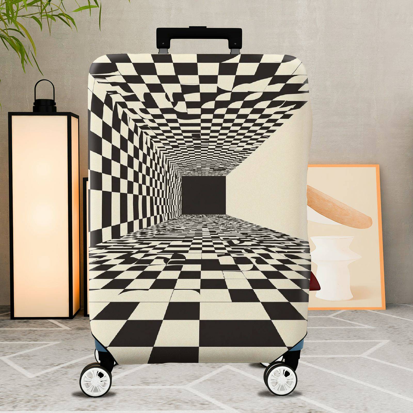 1-Piece Geometric Optical Illusion Black White Checkerboard Abstract  Suitcase Luggage Cover, Stretch Protective Sleeve