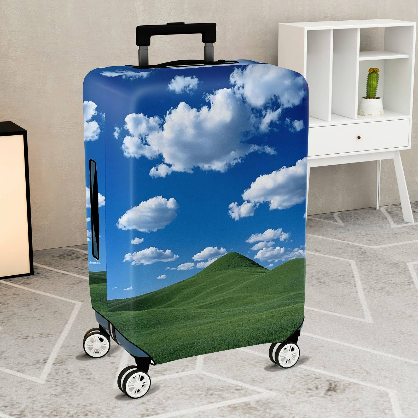 1-Piece Sky Blue Green Landscape Clouds Nature Hills  Suitcase Luggage Cover, Stretch Protective Sleeve