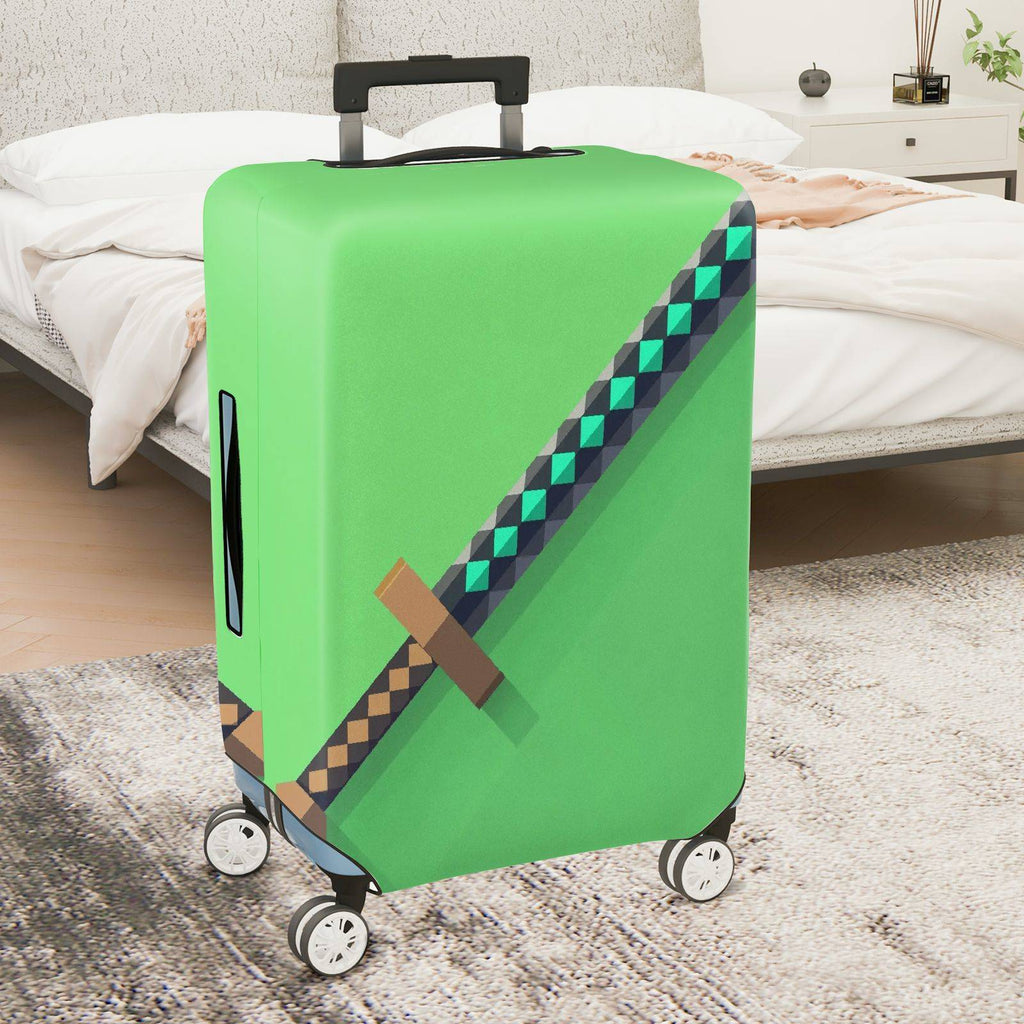 1-Piece Gaming Sword Pixel Art Green Block Geometric Fun  Suitcase Luggage Cover, Stretch Protective Sleeve