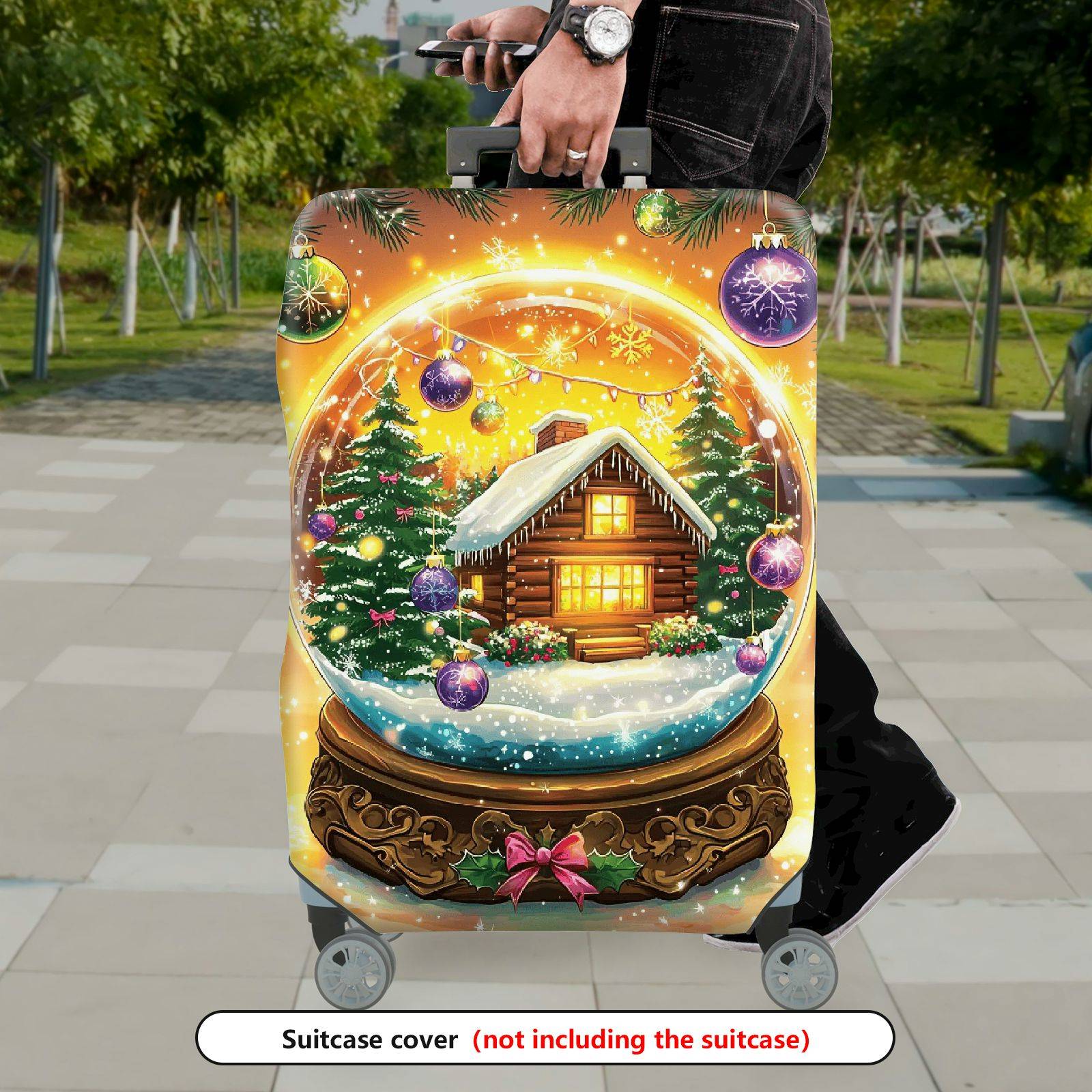 1-Piece Snow Globe Christmas Cabin Holiday Festive Winter  Suitcase Luggage Cover, Stretch Protective Sleeve
