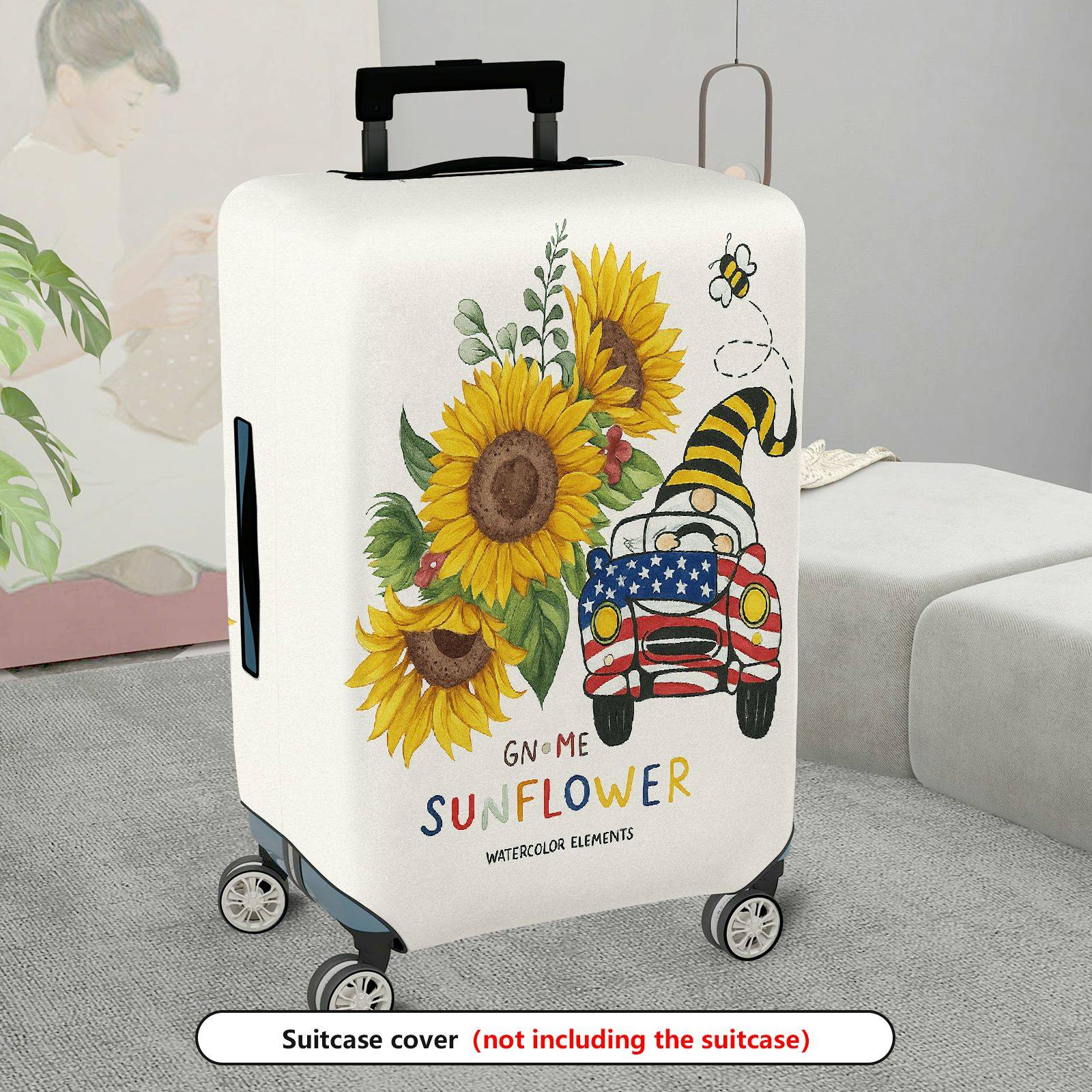 1-Piece Sunflower American Flag Gnome Car Artistic Travel Design  Suitcase Luggage Cover, Stretch Protective Sleeve