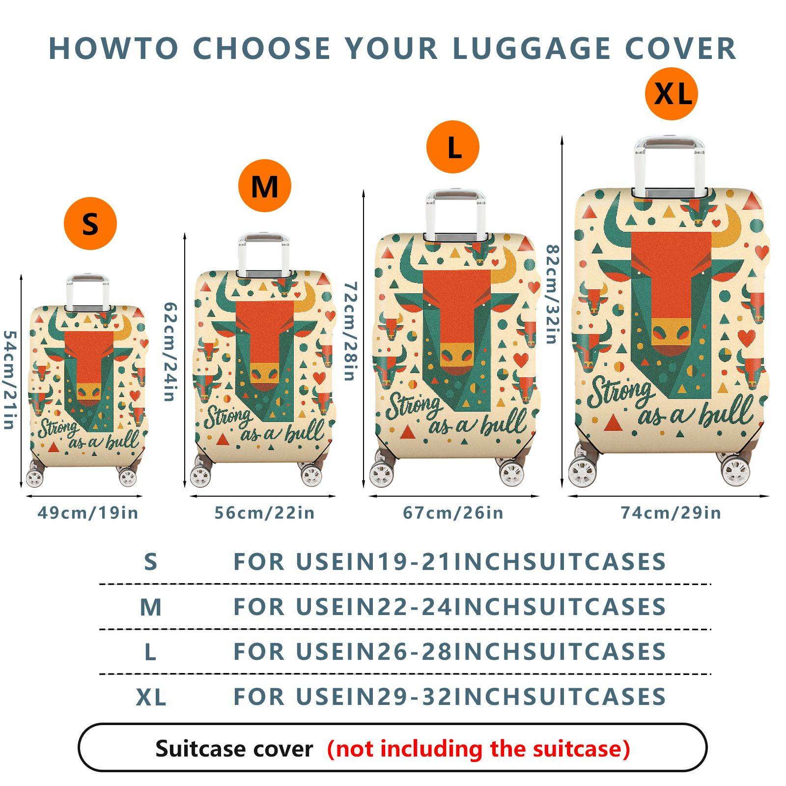 1-Piece Geometric Bull Pattern Red Green Bold Art Animal  Suitcase Luggage Cover, Stretch Protective Sleeve