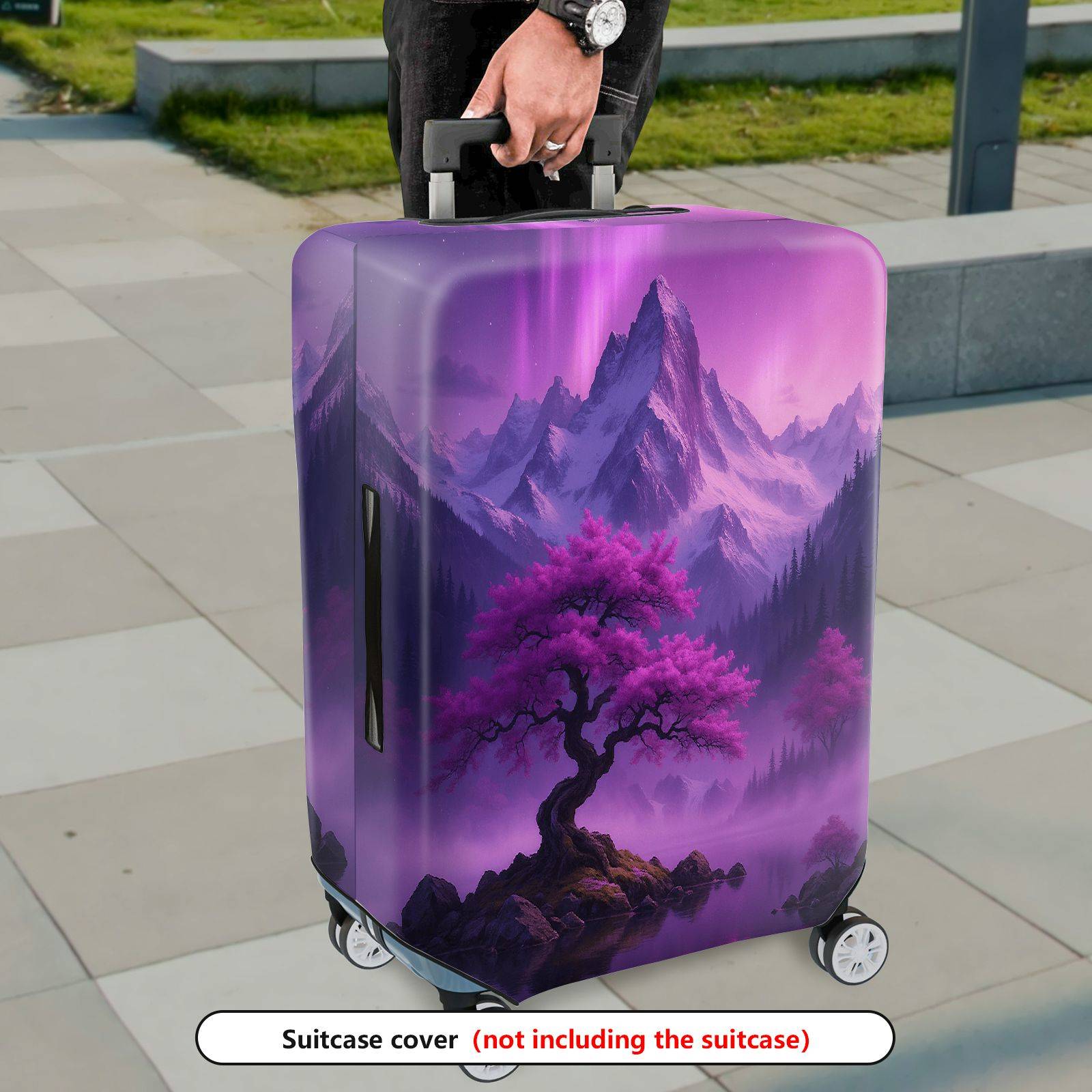 1-Piece Purple Mountain Aurora Landscape Sakura Tree Nature  Suitcase Luggage Cover, Stretch Protective Sleeve