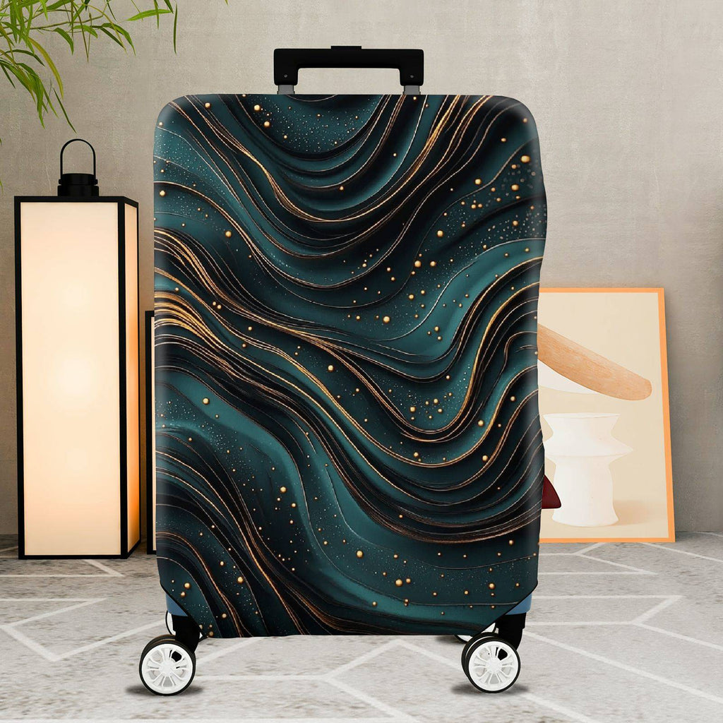 1-Piece Abstract Waves Pattern Teal Gold Artistic Modern  Suitcase Luggage Cover, Stretch Protective Sleeve