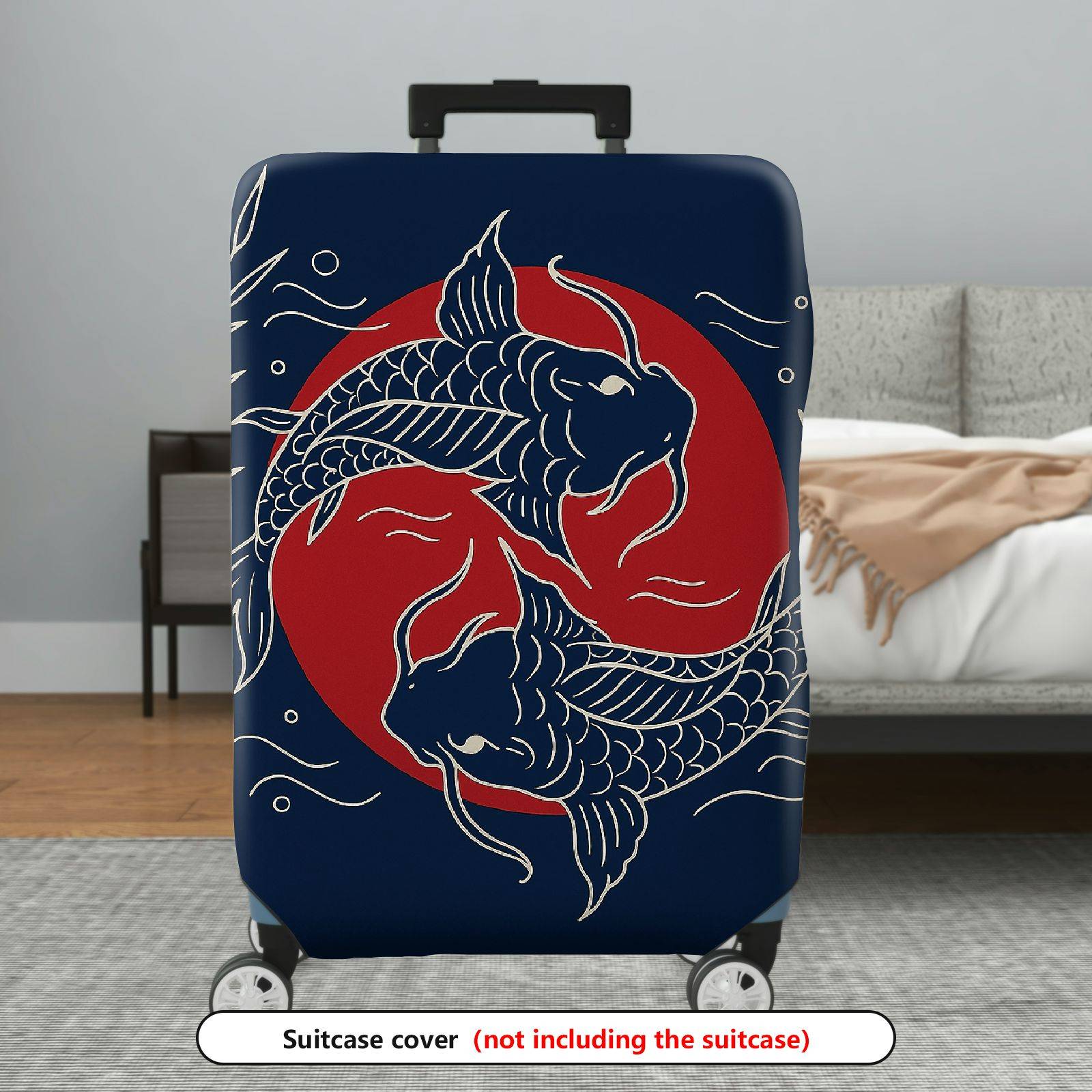 1-Piece Fish Red Blue Japanese Art Minimalistic Leaf  Suitcase Luggage Cover, Stretch Protective Sleeve