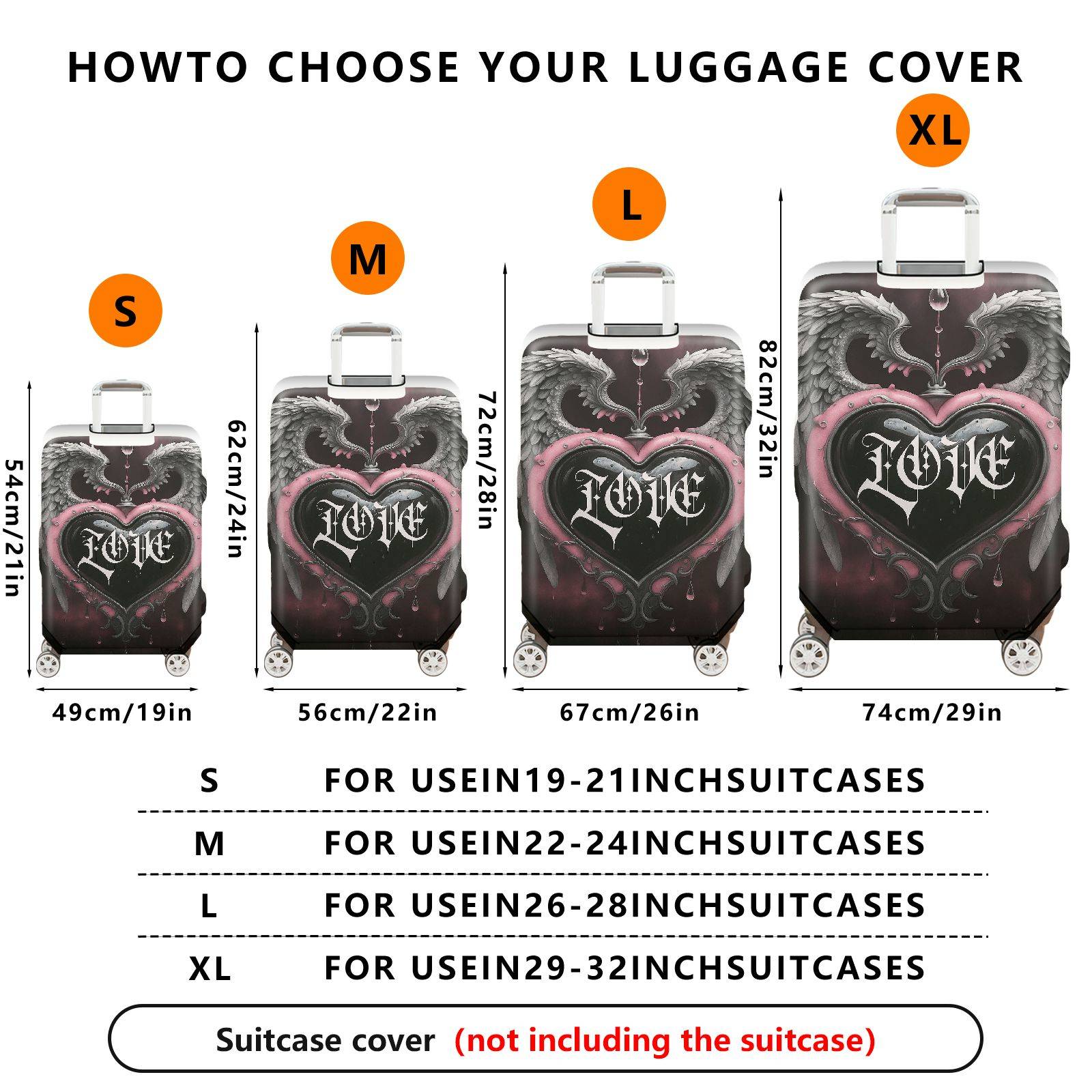 1-Piece Angel Heart Gothic Love Stylish  Suitcase Luggage Cover, Stretch Protective Sleeve