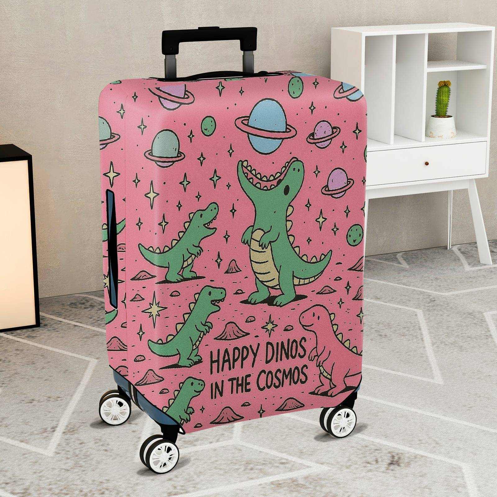 1-Piece Happy Dinosaur Cosmic Pink Fun  Space  Suitcase Luggage Cover, Stretch Protective Sleeve