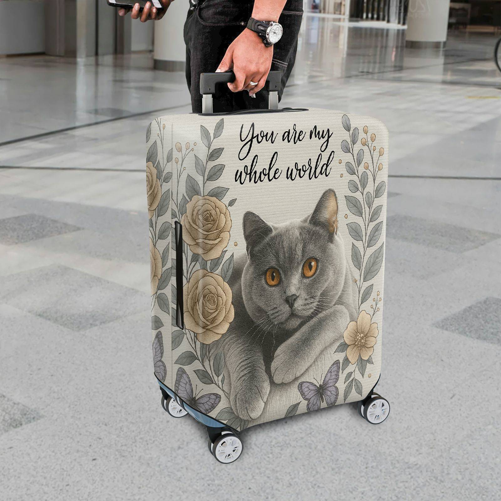 1-Piece Floral Cat Rose Butterfly Artistic  Suitcase Luggage Cover, Stretch Protective Sleeve