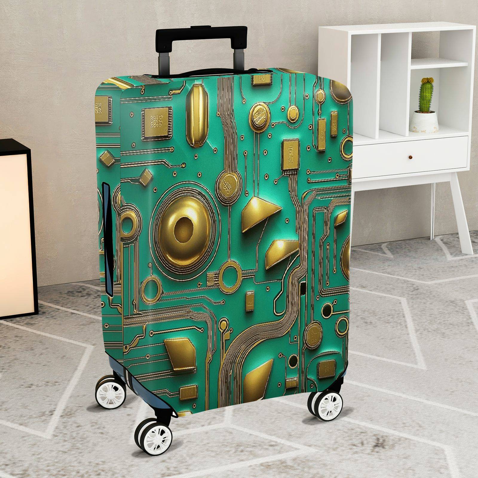 1-Piece Abstract Geometric Gold Circuitry Futuristic Art  Suitcase Luggage Cover, Stretch Protective Sleeve