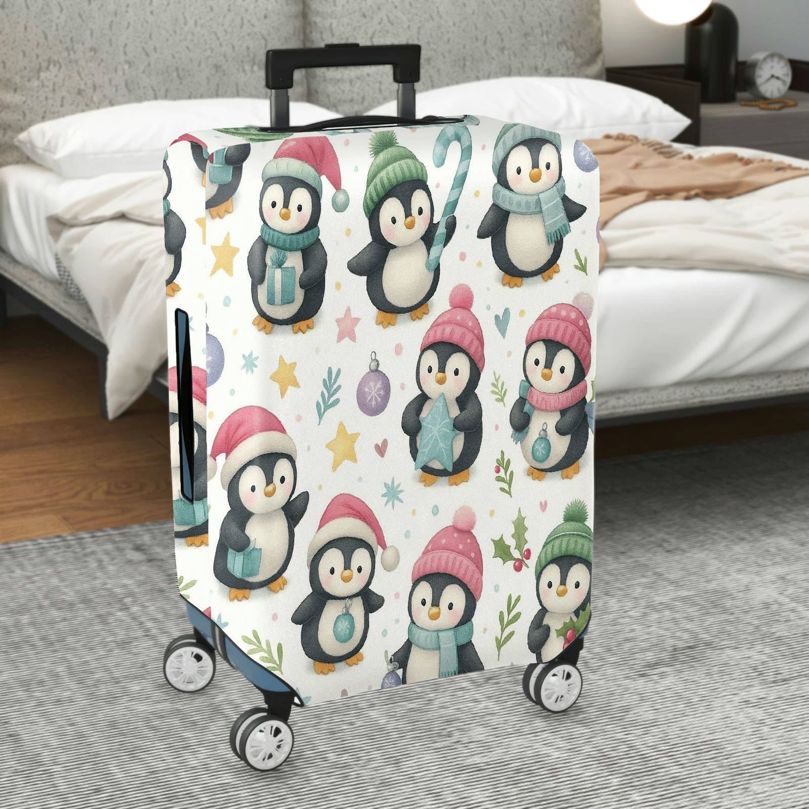 1-Piece Cute Festive Penguin Winter Holiday Christmas  Suitcase Luggage Cover, Stretch Protective Sleeve