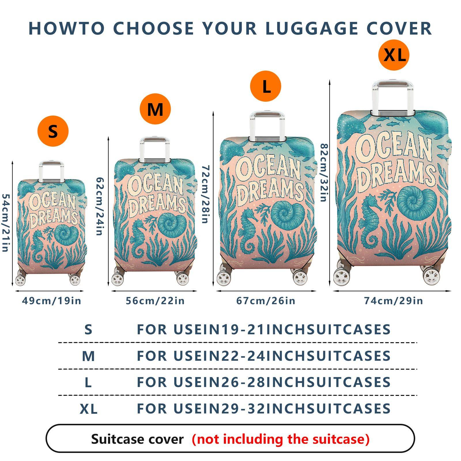 1-Piece Ocean Dreams Seahorse Conch Seaweed Marine  Suitcase Luggage Cover, Stretch Protective Sleeve