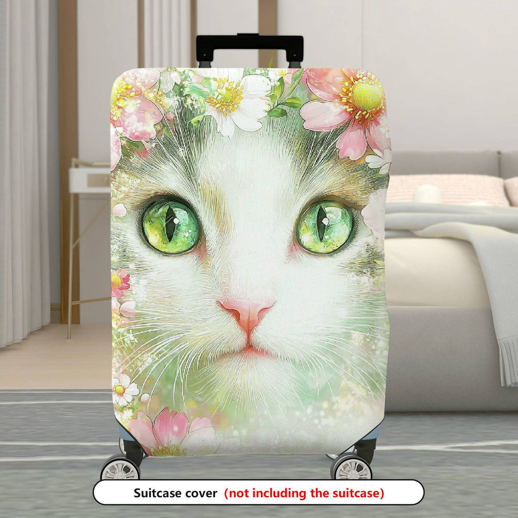 1-Piece Cat Floral Green Pink Artistic Colorful  Suitcase Luggage Cover, Stretch Protective Sleeve
