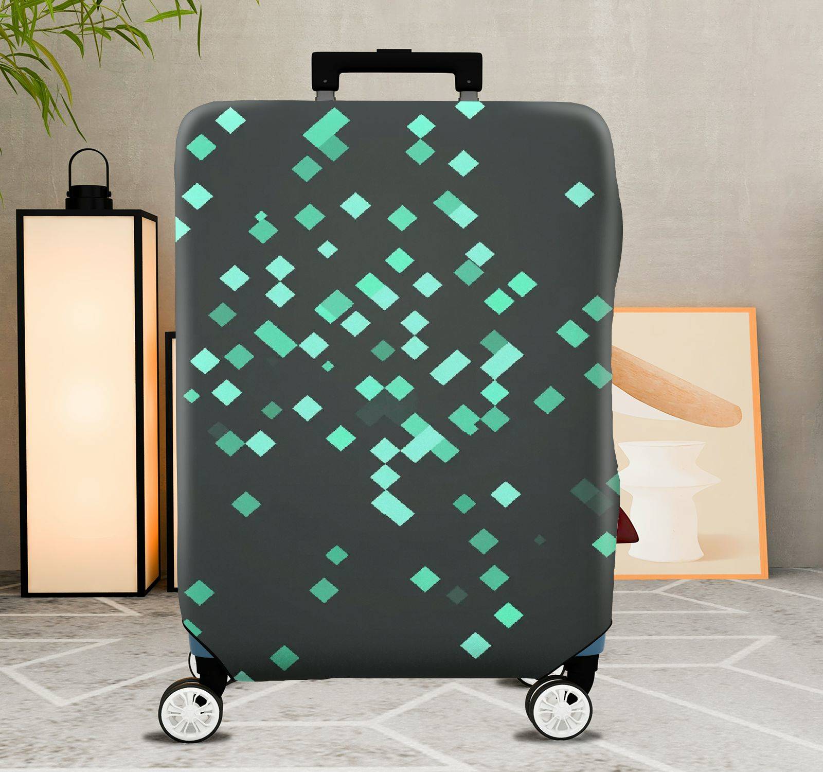 1-Piece Green Geometric Pattern Modern Stylish Chic Travel  Suitcase Luggage Cover, Stretch Protective Sleeve
