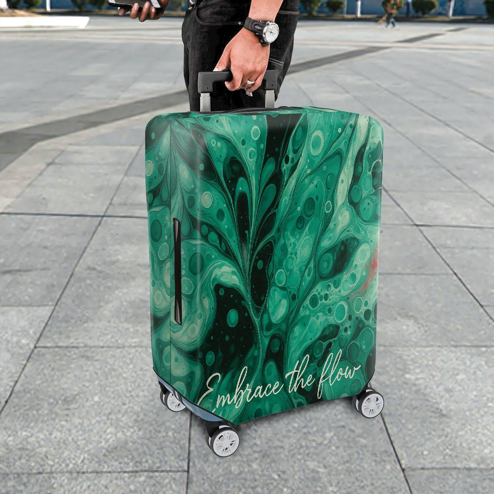 1-Piece Abstract Marble Swirl Green Artistic Flow  Suitcase Luggage Cover, Stretch Protective Sleeve