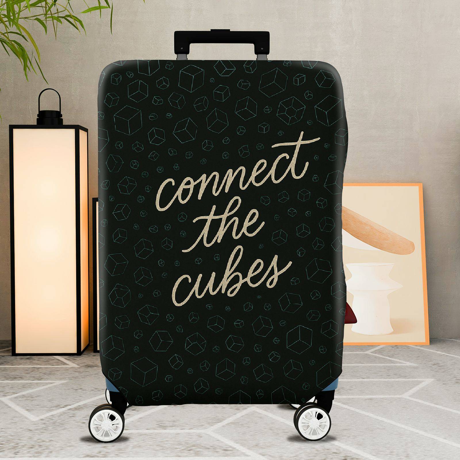 1-Piece Black Geometric Cube Pattern Connect Printed Text Inspirational  Suitcase Luggage Cover, Stretch Protective Sleeve
