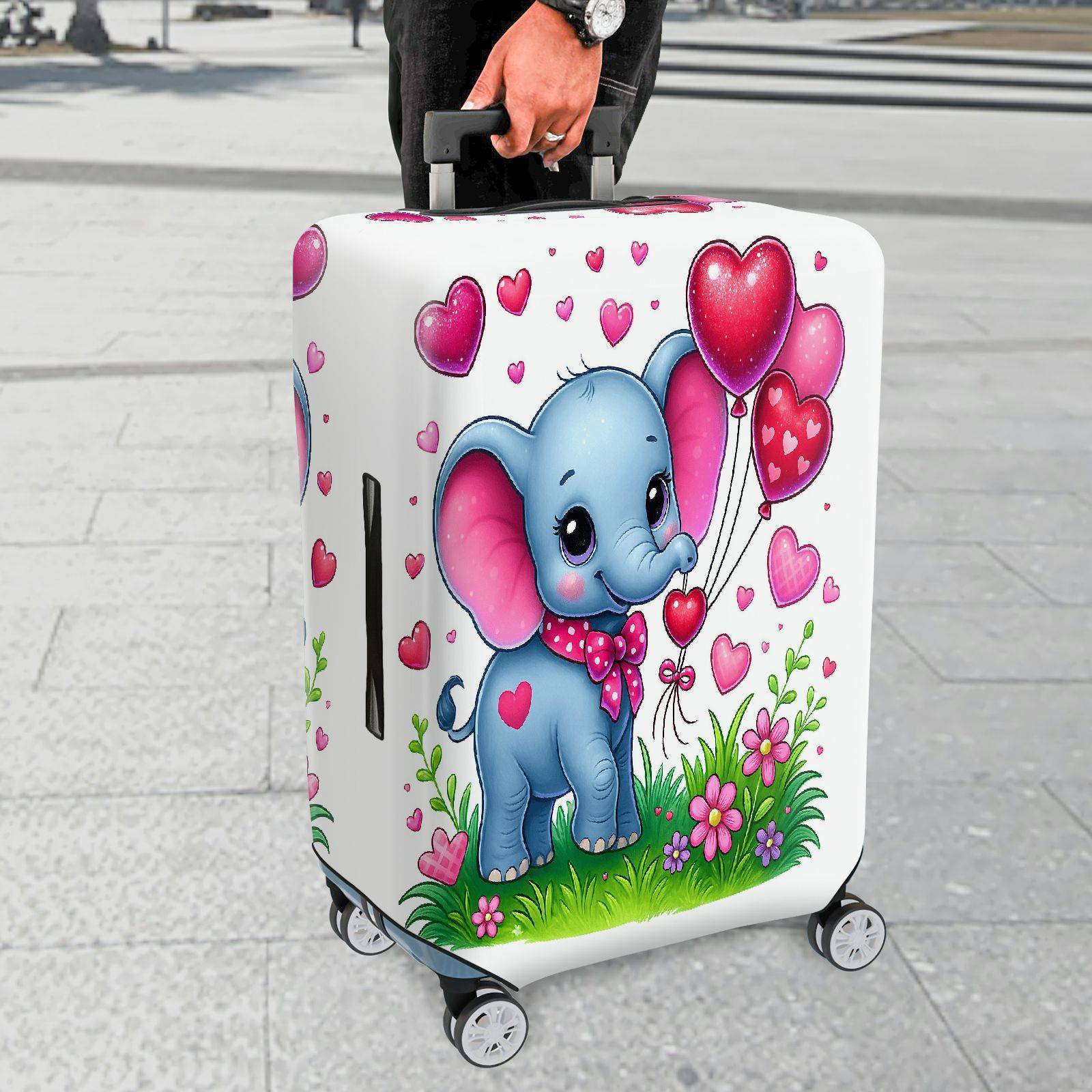 1-Piece Cute Elephant Heart Flower Balloon Valentine  Suitcase Luggage Cover, Stretch Protective Sleeve
