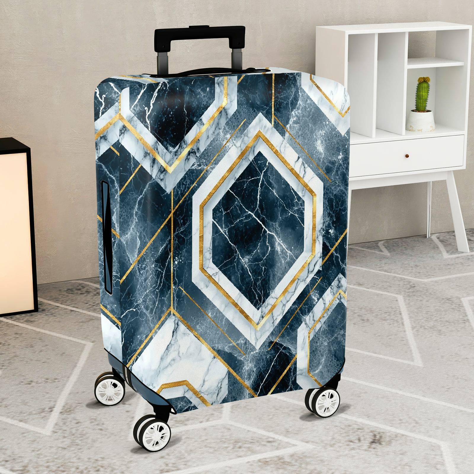 1-Piece Geometric Marble Pattern Navy Gold Elegant Abstract  Suitcase Luggage Cover, Stretch Protective Sleeve