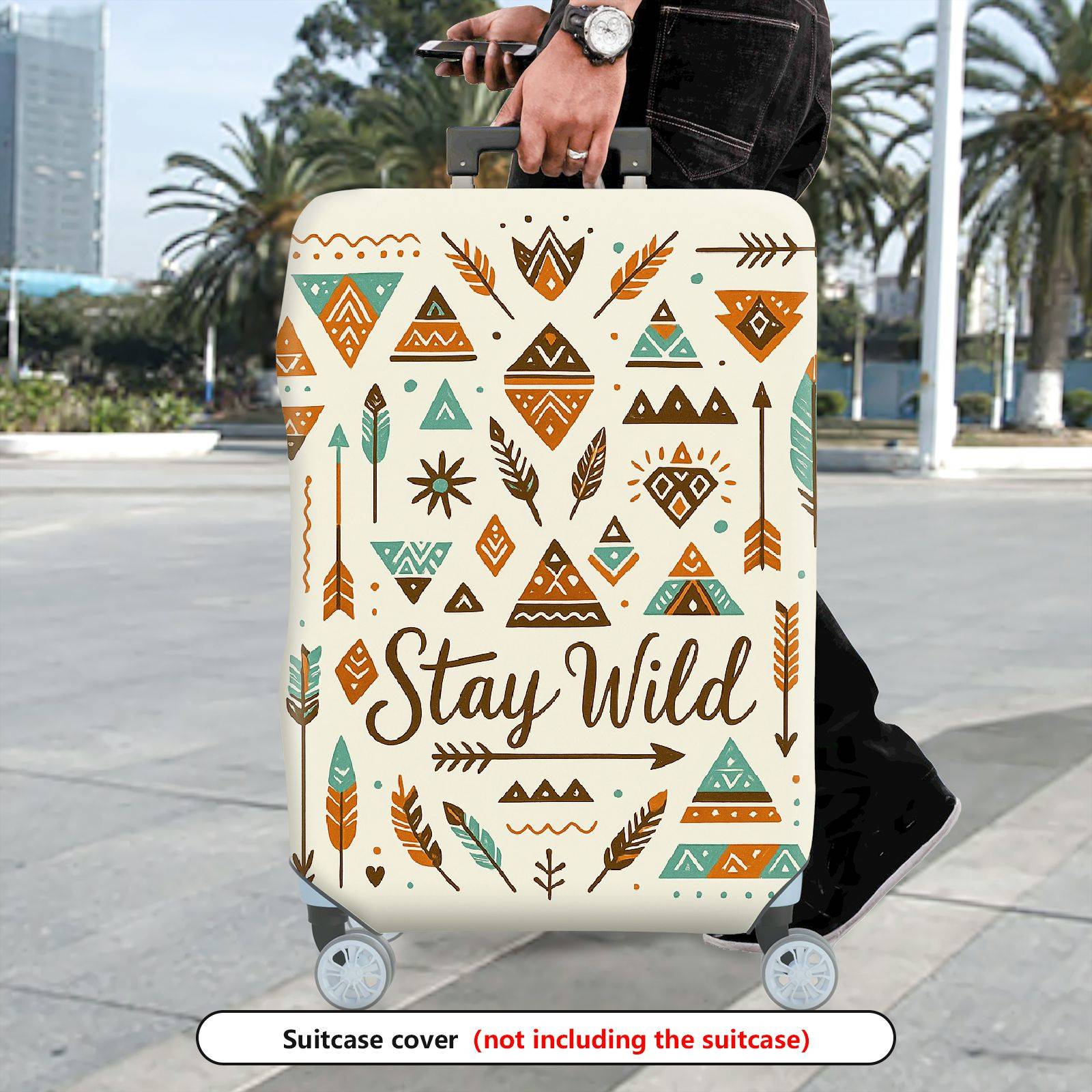 1-Piece Geometric Tribal Feather Arrows Bohemian Adventure  Suitcase Luggage Cover, Stretch Protective Sleeve