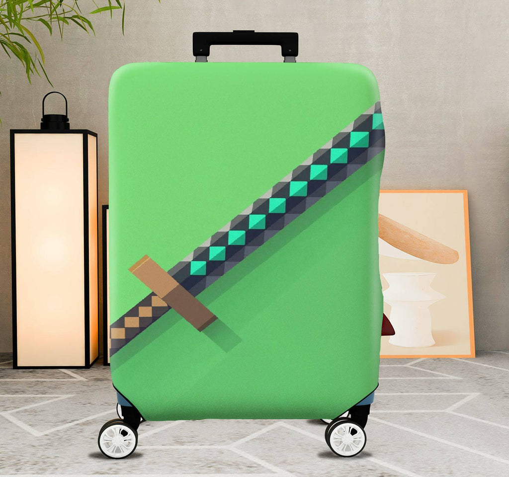 1-Piece Gaming Sword Pixel Art Green Block Geometric Fun  Suitcase Luggage Cover, Stretch Protective Sleeve