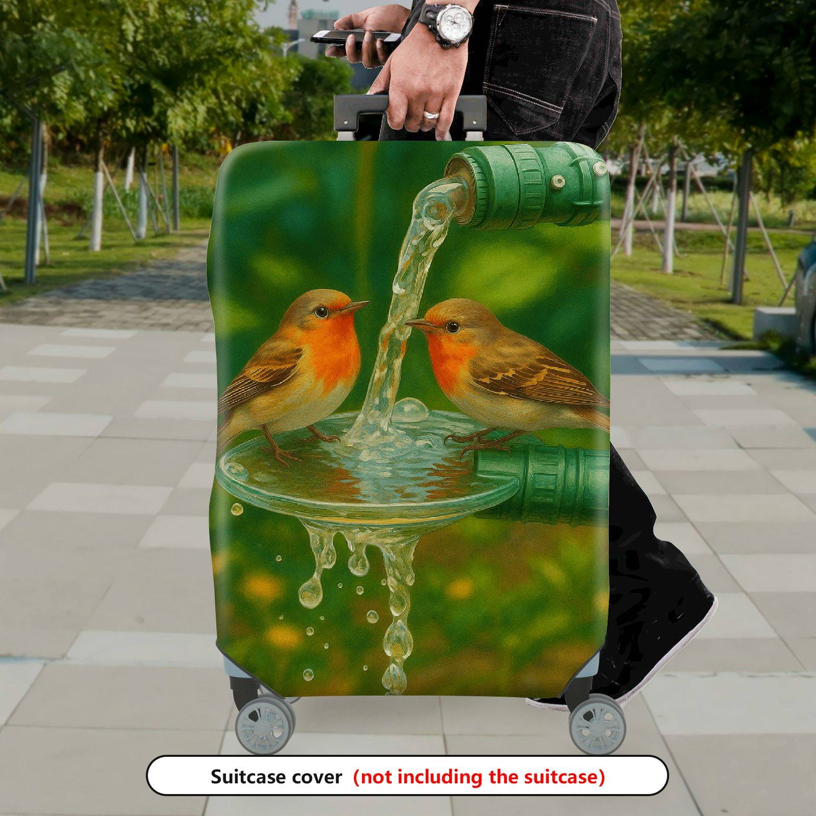 1-Piece Birds Nature Watercolor Pipe Green Artistic  Suitcase Luggage Cover, Stretch Protective Sleeve