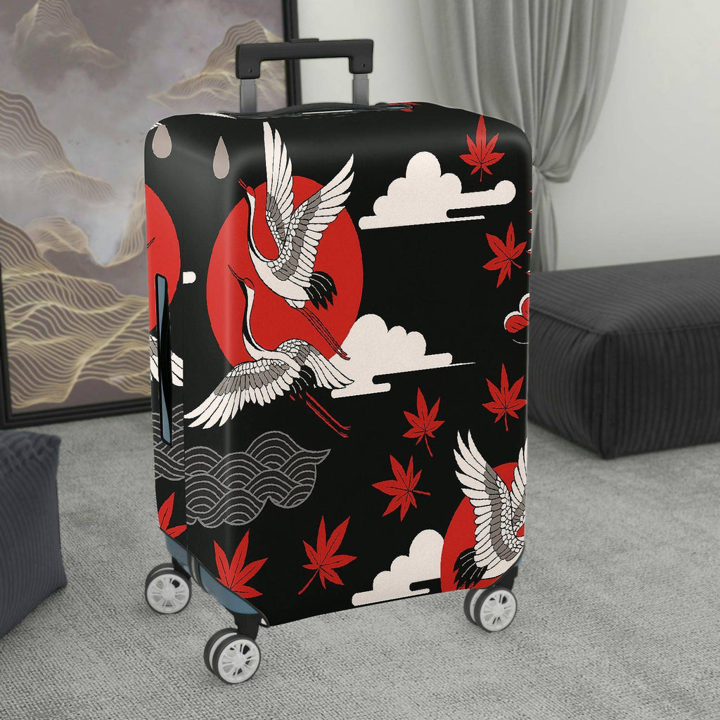 1-Piece Crane Red Sun Cloud Maple Leaves Wave  Suitcase Luggage Cover, Stretch Protective Sleeve