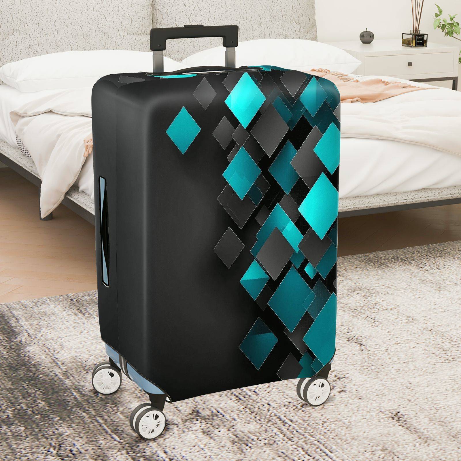 1-Piece Geometric Diamond Turquoise Black Modern Abstract  Suitcase Luggage Cover, Stretch Protective Sleeve