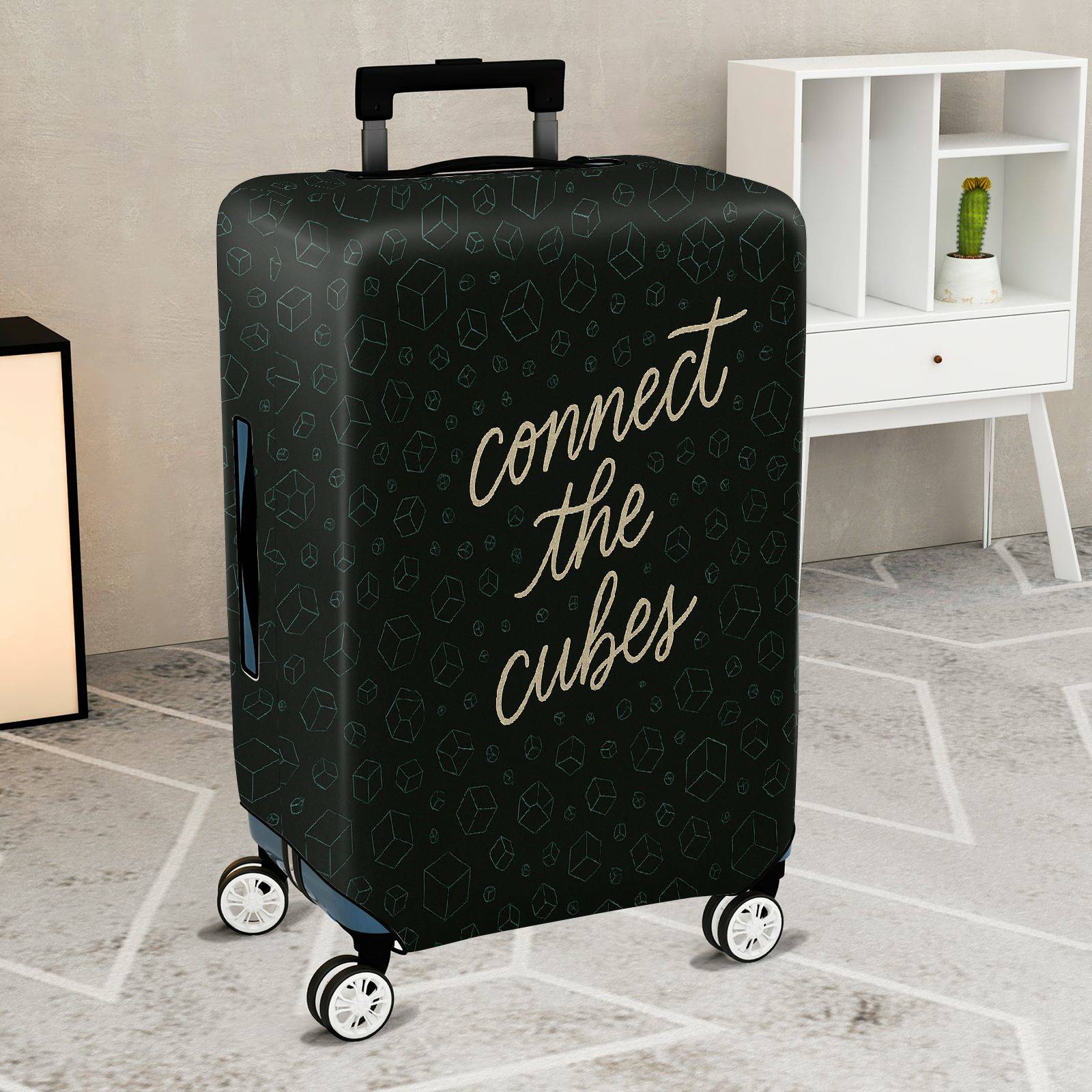 1-Piece Black Geometric Cube Pattern Connect Printed Text Inspirational  Suitcase Luggage Cover, Stretch Protective Sleeve